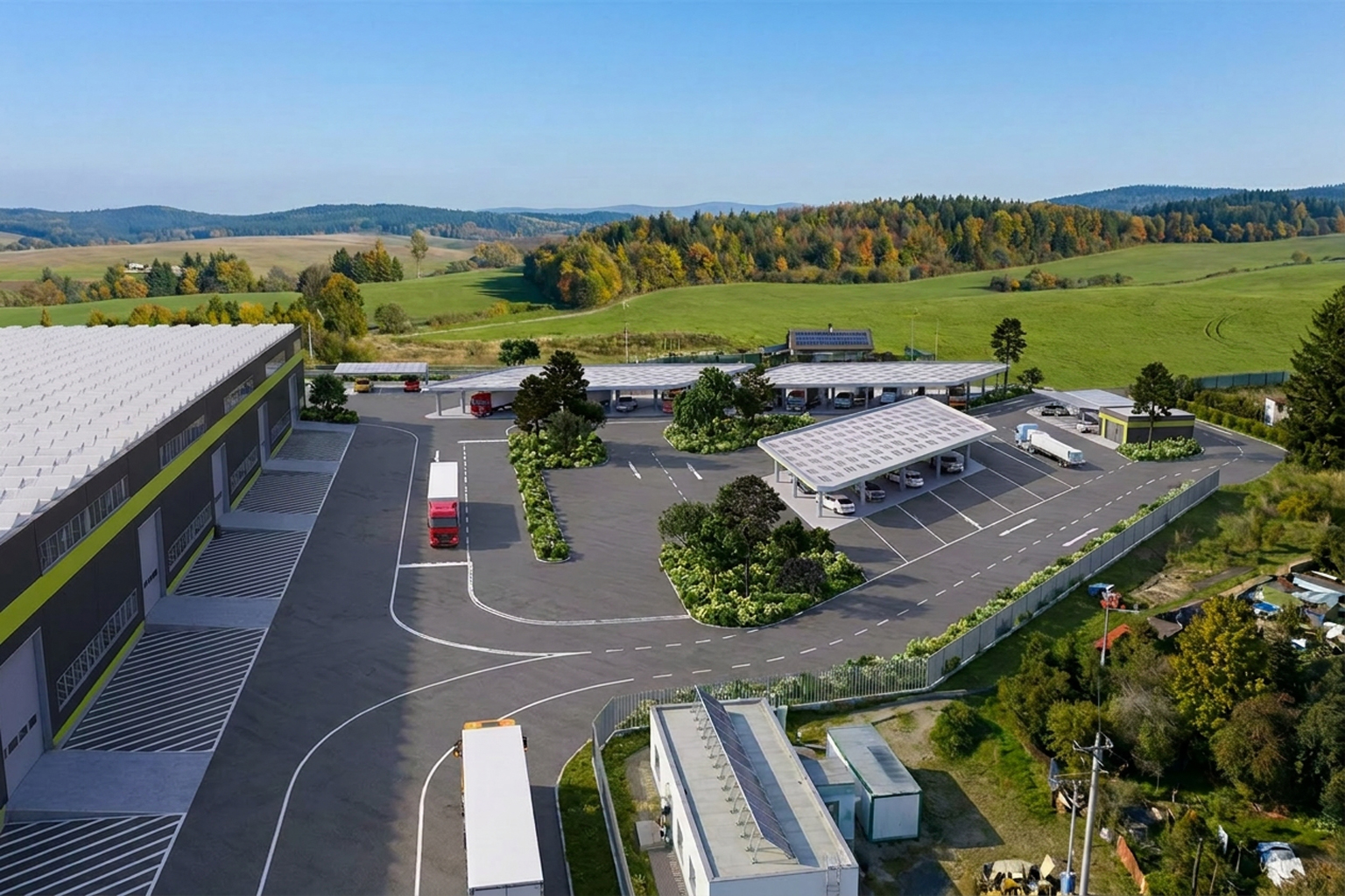 Vizualizace areálu s logistickou halou a carporty v krajině