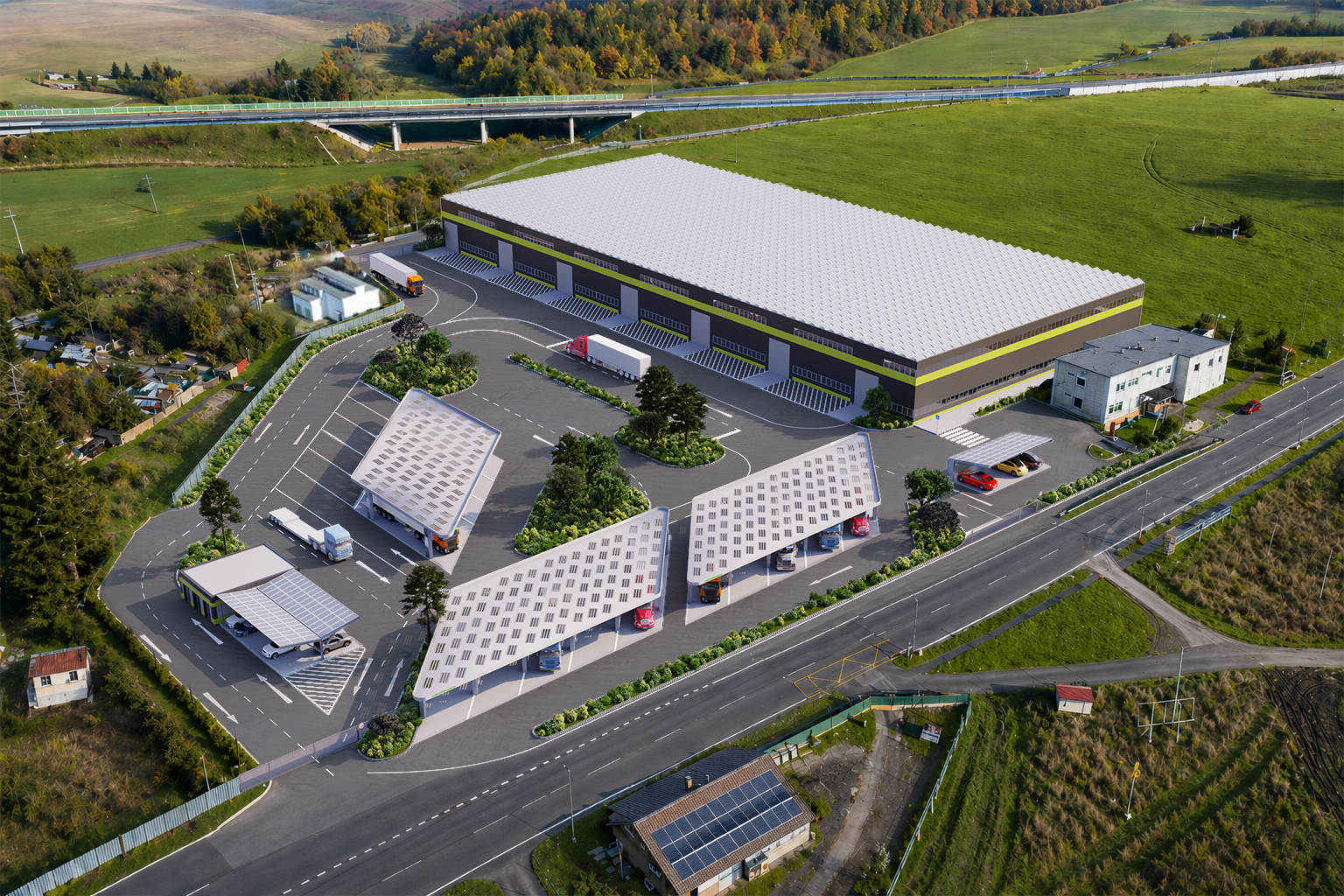 Vizualizace budoucího stavu areálu Lubenec — letecký pohled na halu, dobíjecí hub a solární carporty