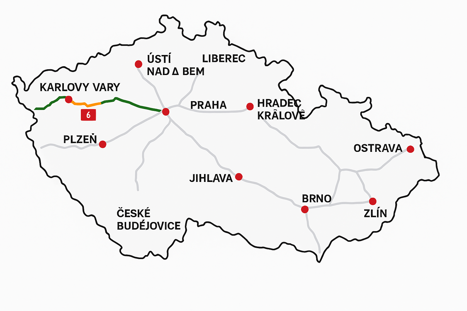 Mapa ČR s vyznačením D6 a polohy Lubence